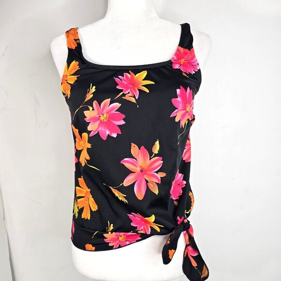 Vintage 90s Y2K Le Cove Black Floral Pink Hibiscus Front Knot Swim Tankini Top - Picture 1 of 7